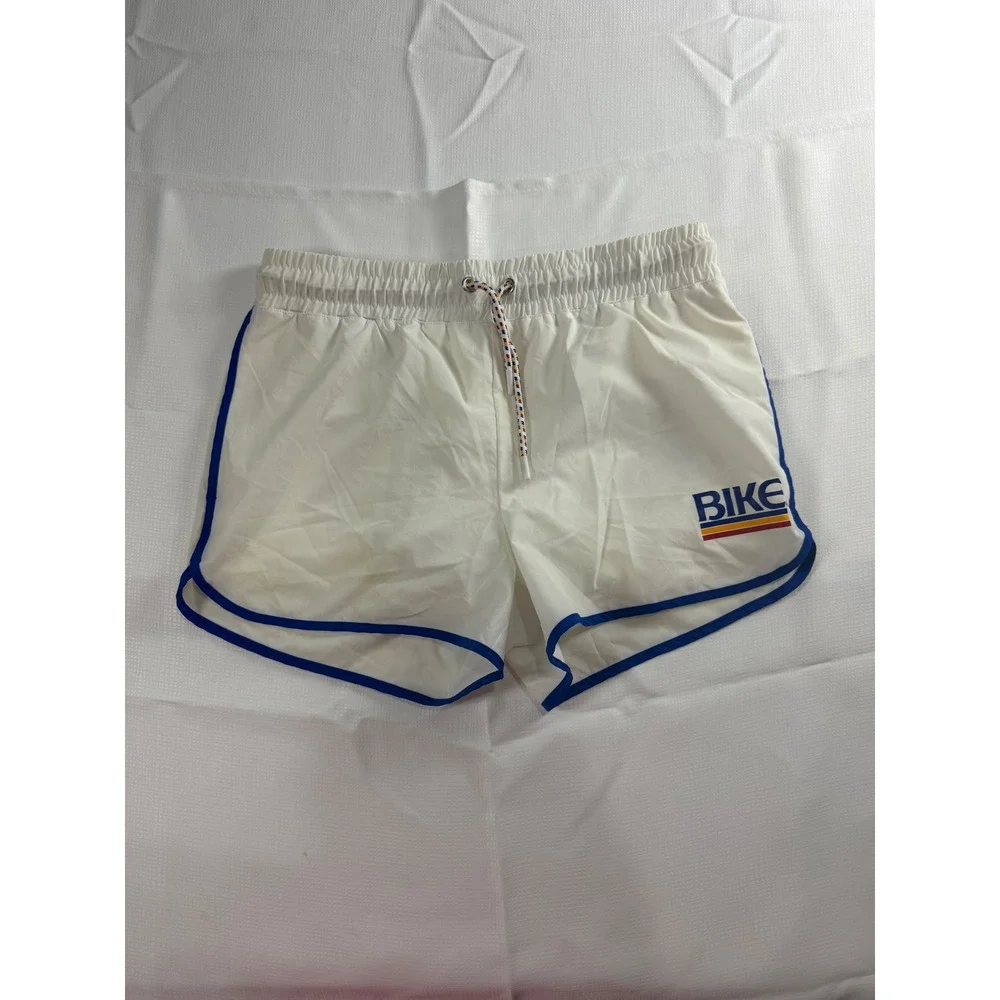 BIKE Mens White Retro Athletic Dolphin Shorts BAM200 Blue Trim Medium